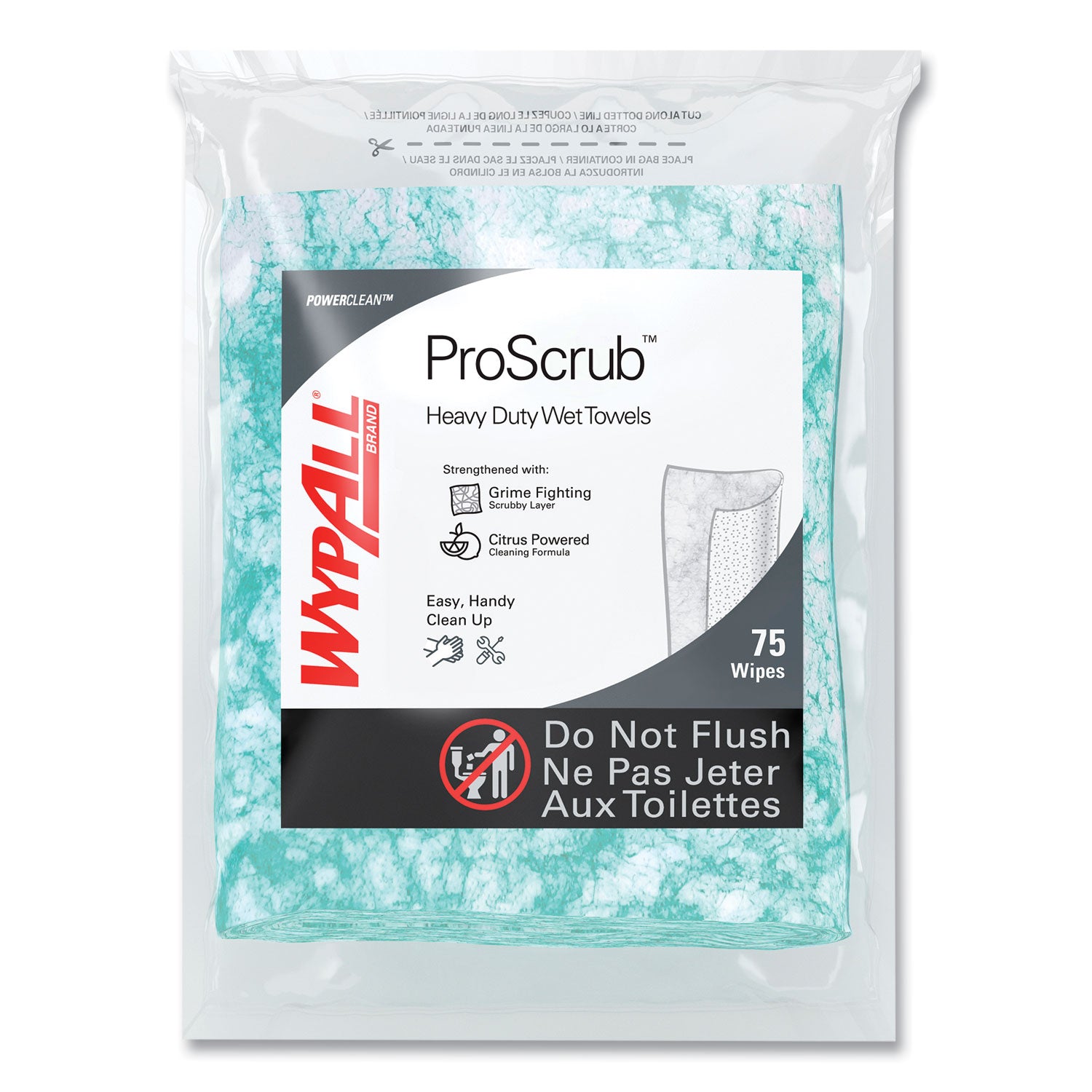 WypAll Power Clean ProScrub Pre-Saturated Wipes, 12 x 9.5, Citrus Scent, Green, 75/Pack, 6 Packs/Carton (91367CT)