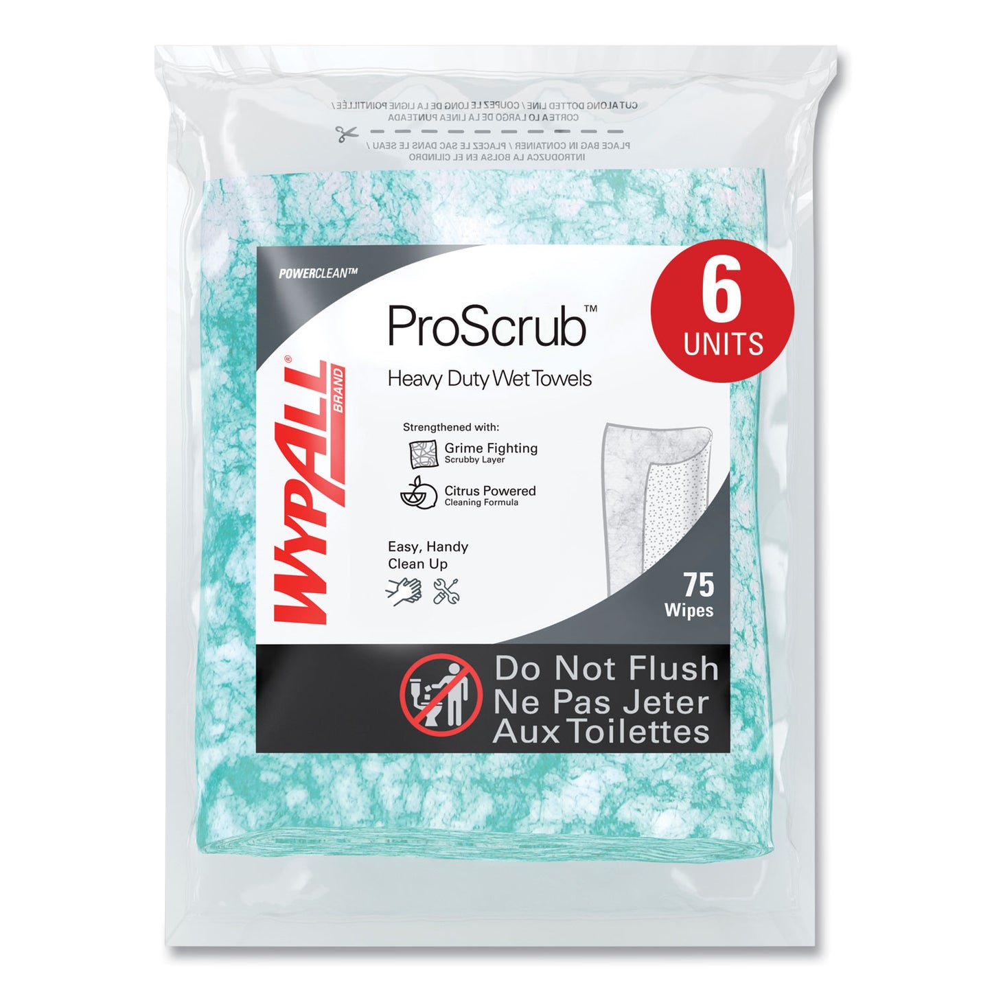 WypAll Power Clean ProScrub Pre-Saturated Wipes, 12 x 9.5, Citrus Scent, Green, 75/Pack, 6 Packs/Carton (91367CT)