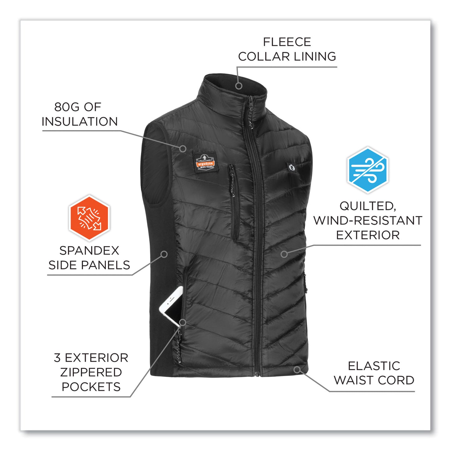 ergodyne N-Ferno 6495 Rechargeable Heated Vest with Battery Power Bank, Fleece/Polyester, Large, Black (41703)