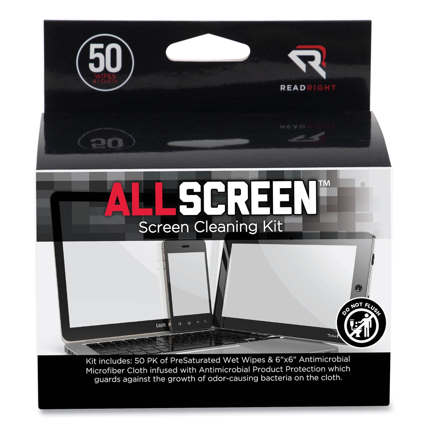 Read Right AllScreen Cleaning Kit with (1) 6 x 6 Microfiber Cloth, (50) 4 x 5 Individually Wrapped Pre-Saturated Wipes, Unscented, White (RR15039)