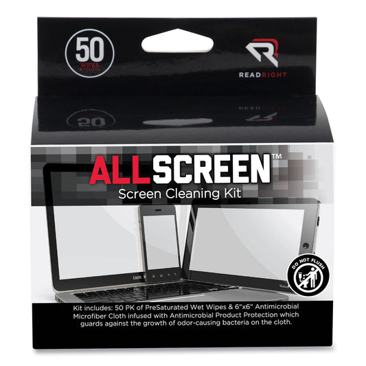 Read Right AllScreen Cleaning Kit with (1) 6 x 6 Microfiber Cloth, (50) 4 x 5 Individually Wrapped Pre-Saturated Wipes, Unscented, White (RR15039)