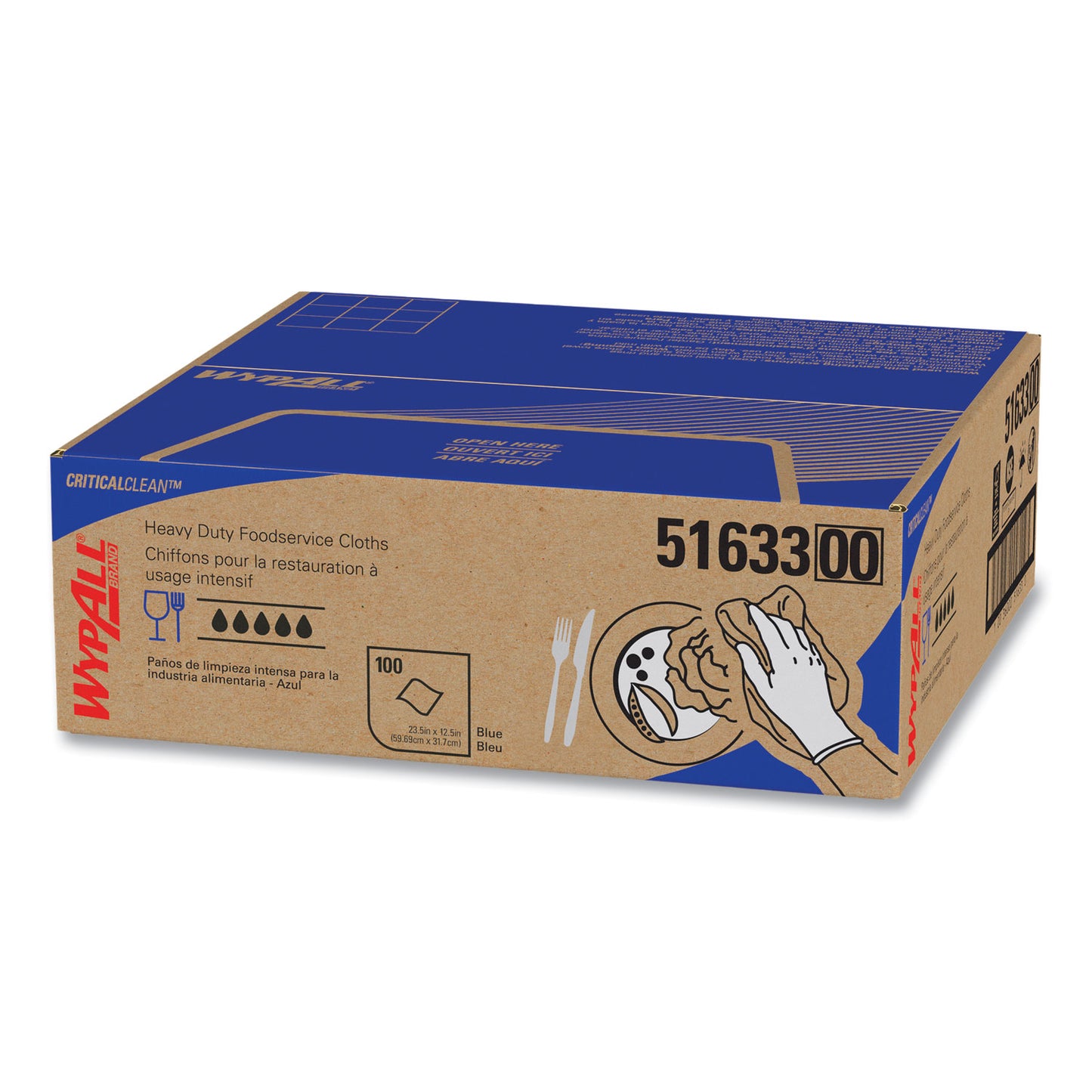 WypAll Heavy-Duty Foodservice Cloths, 12.5 x 23.5, Blue, 100/Carton (51633)