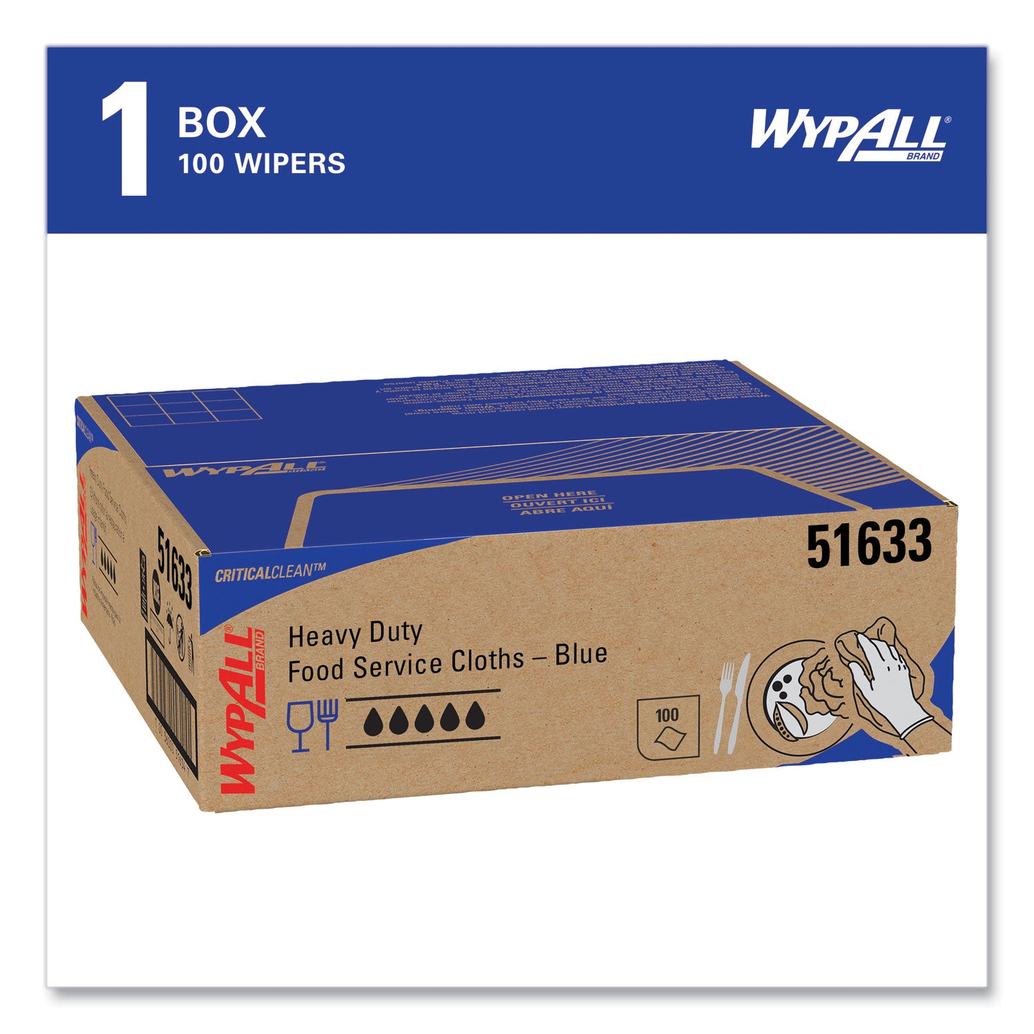 WypAll Heavy-Duty Foodservice Cloths, 12.5 x 23.5, Blue, 100/Carton (51633)