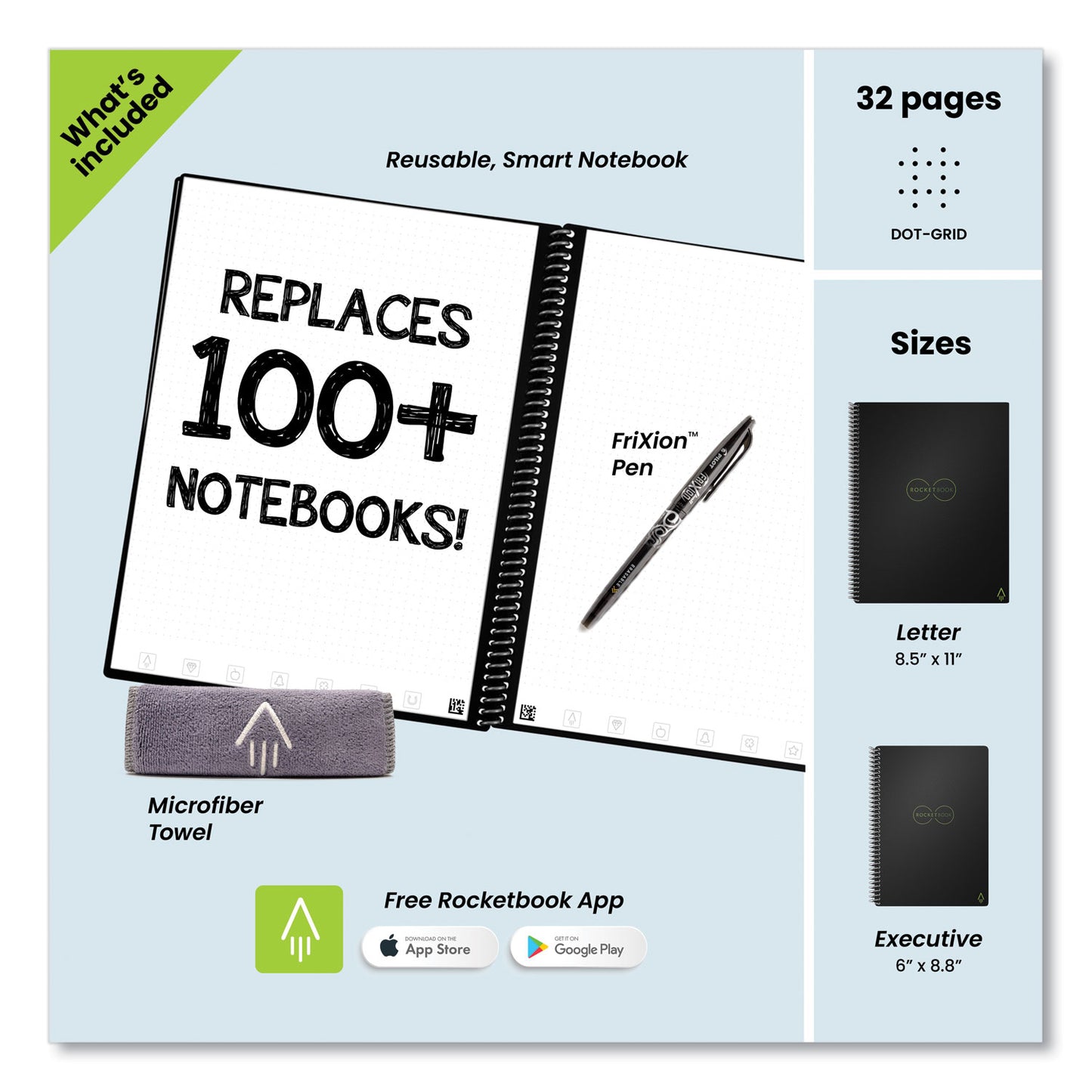 Rocketbook Core Smart Notebook, Dotted Rule, Black Cover, (16) 11 x 8.5 Sheets (EVRLKA)