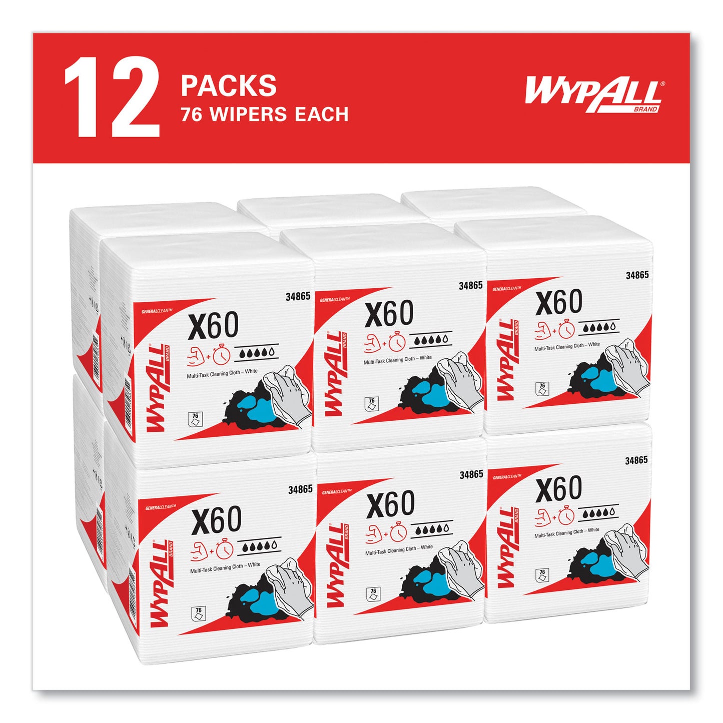 WypAll General Clean X60 Cloths, 1/4 Fold, 12.5 x 13, White, 76/Box, 12 Boxes/Carton (34865)