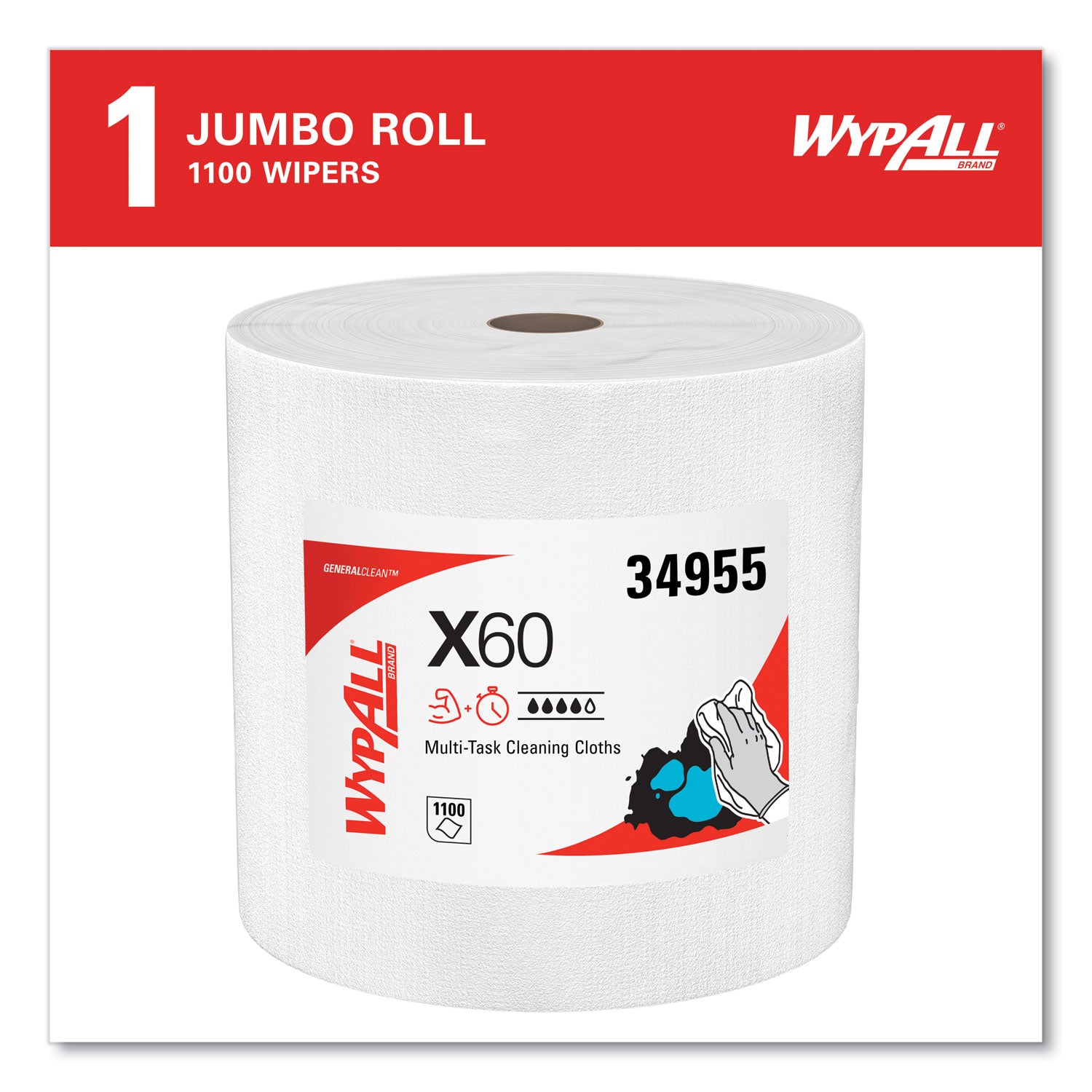 WypAll General Clean X60 Cloths, Jumbo Roll, 12.2 x 12.4, White, 1,100/Roll (34955)