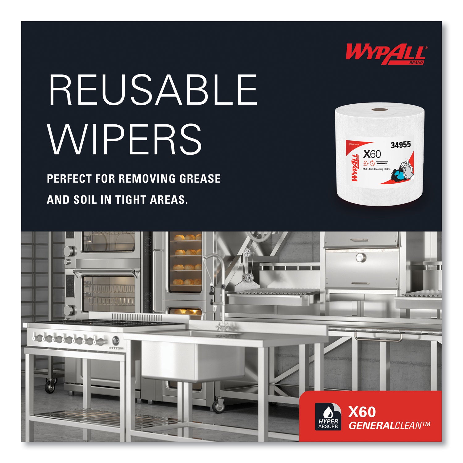 WypAll General Clean X60 Cloths, Jumbo Roll, 12.2 x 12.4, White, 1,100/Roll (34955)