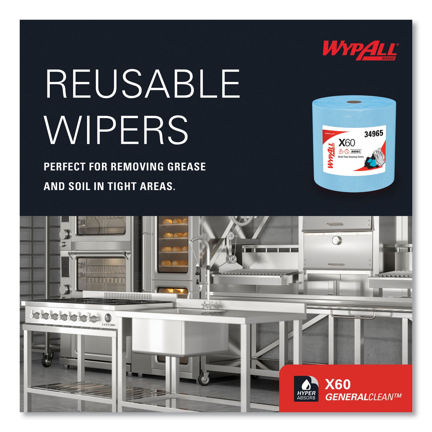 WypAll General Clean X60 Cloths, Jumbo Roll, 12.5 x 13.4, Blue, 1,100/Roll (34965)