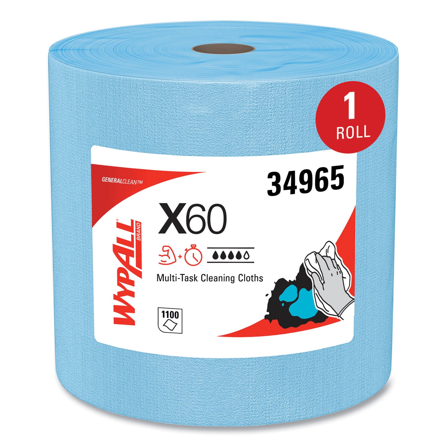 WypAll General Clean X60 Cloths, Jumbo Roll, 12.5 x 13.4, Blue, 1,100/Roll (34965)