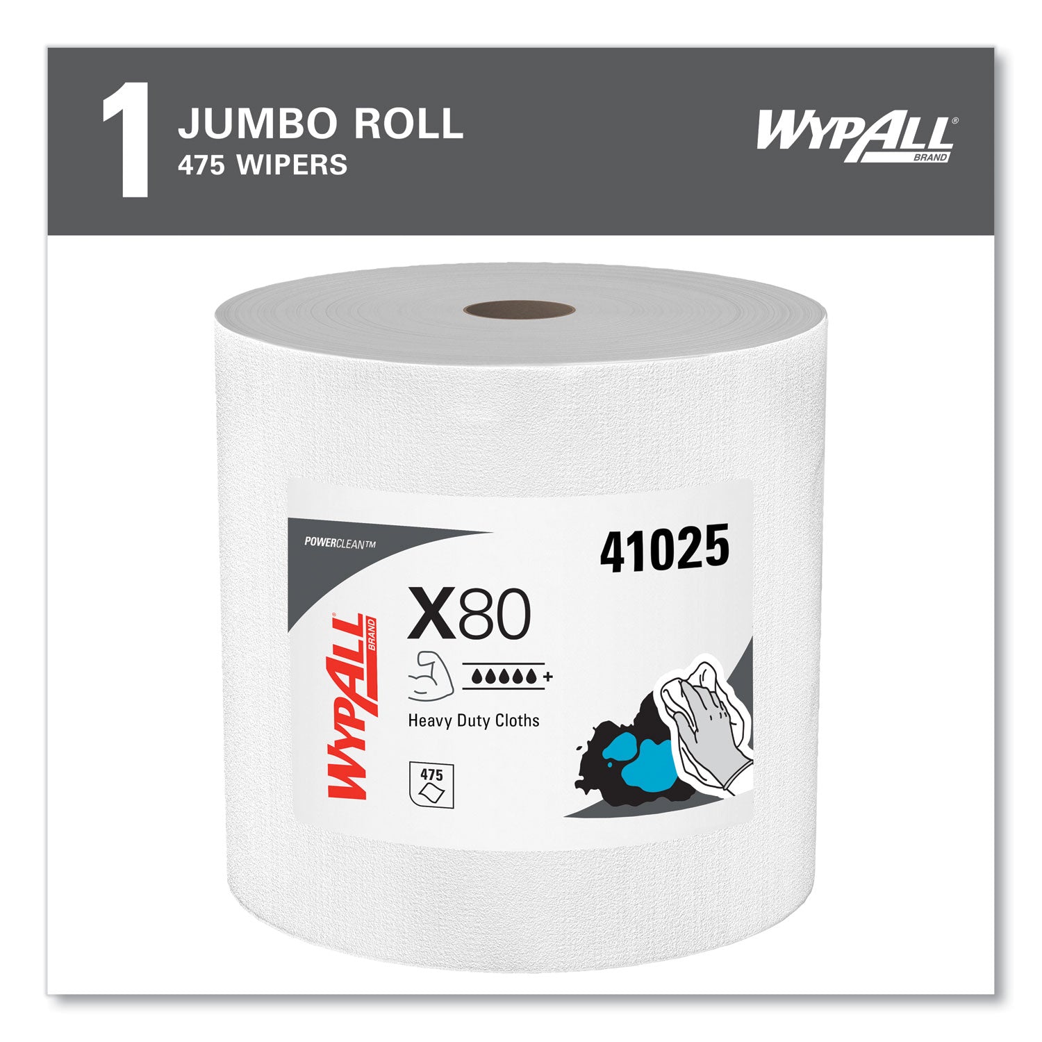 WypAll Power Clean X80 Heavy Duty Cloths, Jumbo Roll, 12.4 x 12.2, White, 475/Roll (41025)