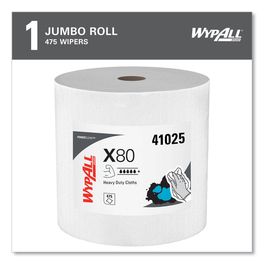 WypAll Power Clean X80 Heavy Duty Cloths, Jumbo Roll, 12.4 x 12.2, White, 475/Roll (41025)