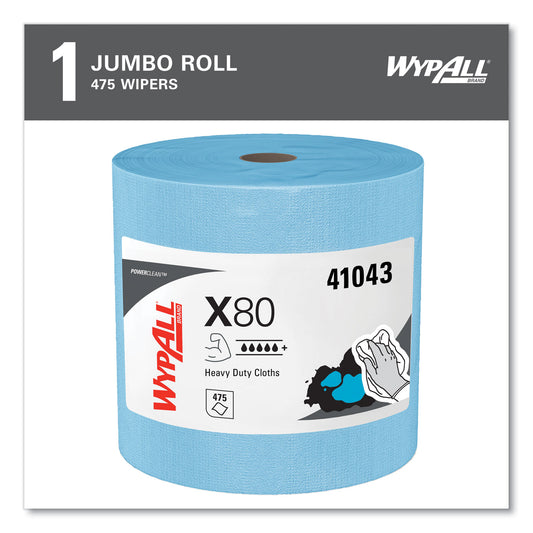 WypAll Power Clean X80 Heavy Duty Cloths, Jumbo Roll, 12.4 x 12.2, Blue, 475/Roll (41043)