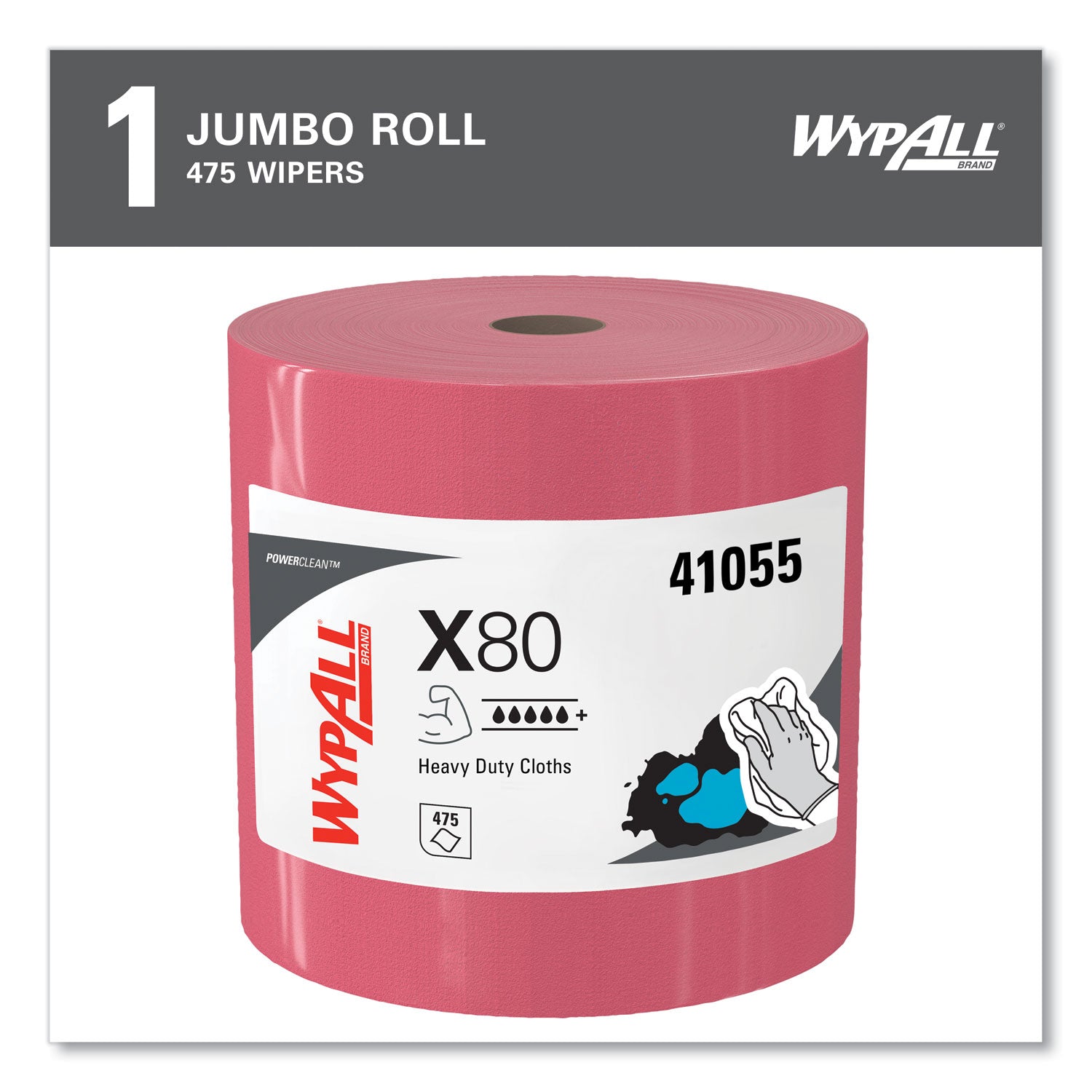 WypAll Power Clean X80 Heavy Duty Cloths, Jumbo Roll, 12.4 x 12.2, Red, 475 Wipers/Roll (41055)