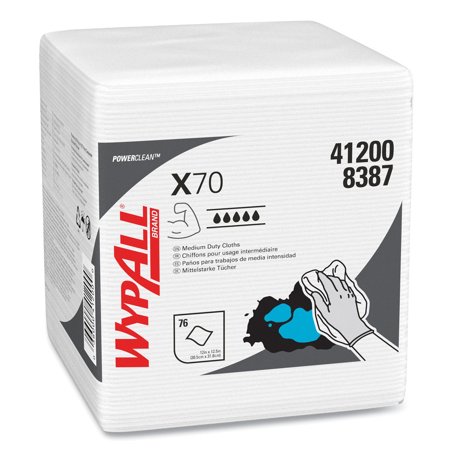 WypAll X70 Cloths, 1/4 Fold, 12.5 x 12, White, 76/Pack, 12 Packs/Carton (41200)