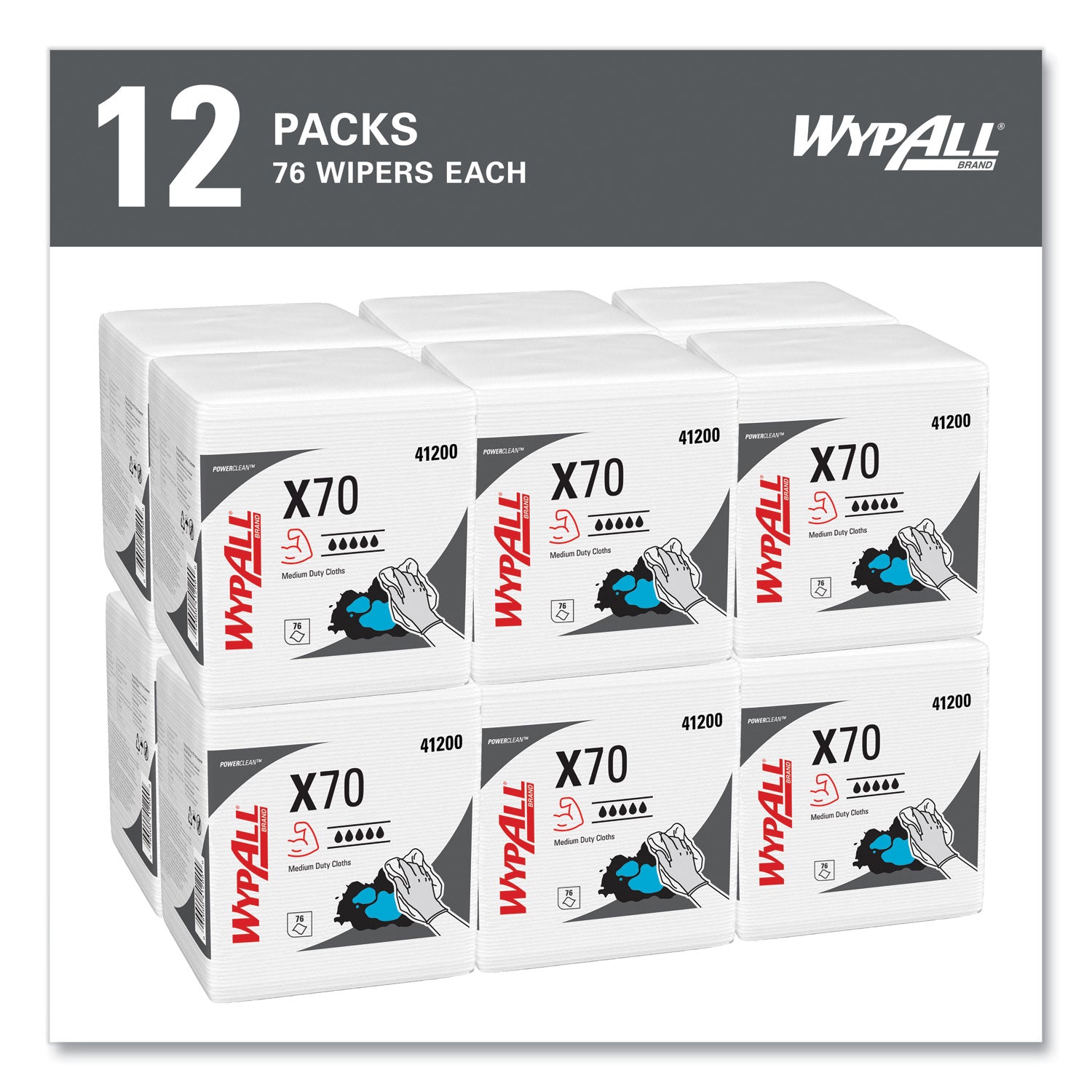 WypAll X70 Cloths, 1/4 Fold, 12.5 x 12, White, 76/Pack, 12 Packs/Carton (41200)