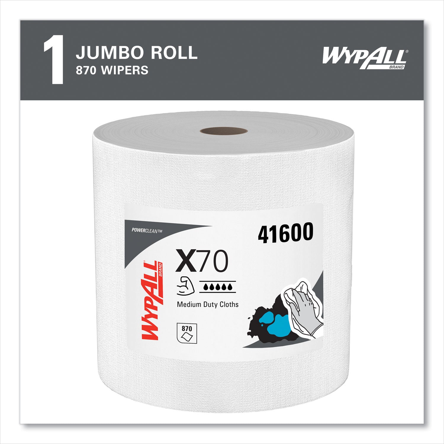 WypAll X70 Cloths, Jumbo Roll, Perf., 12.4 x 12.2, White, 870 Towels/Roll (41600)