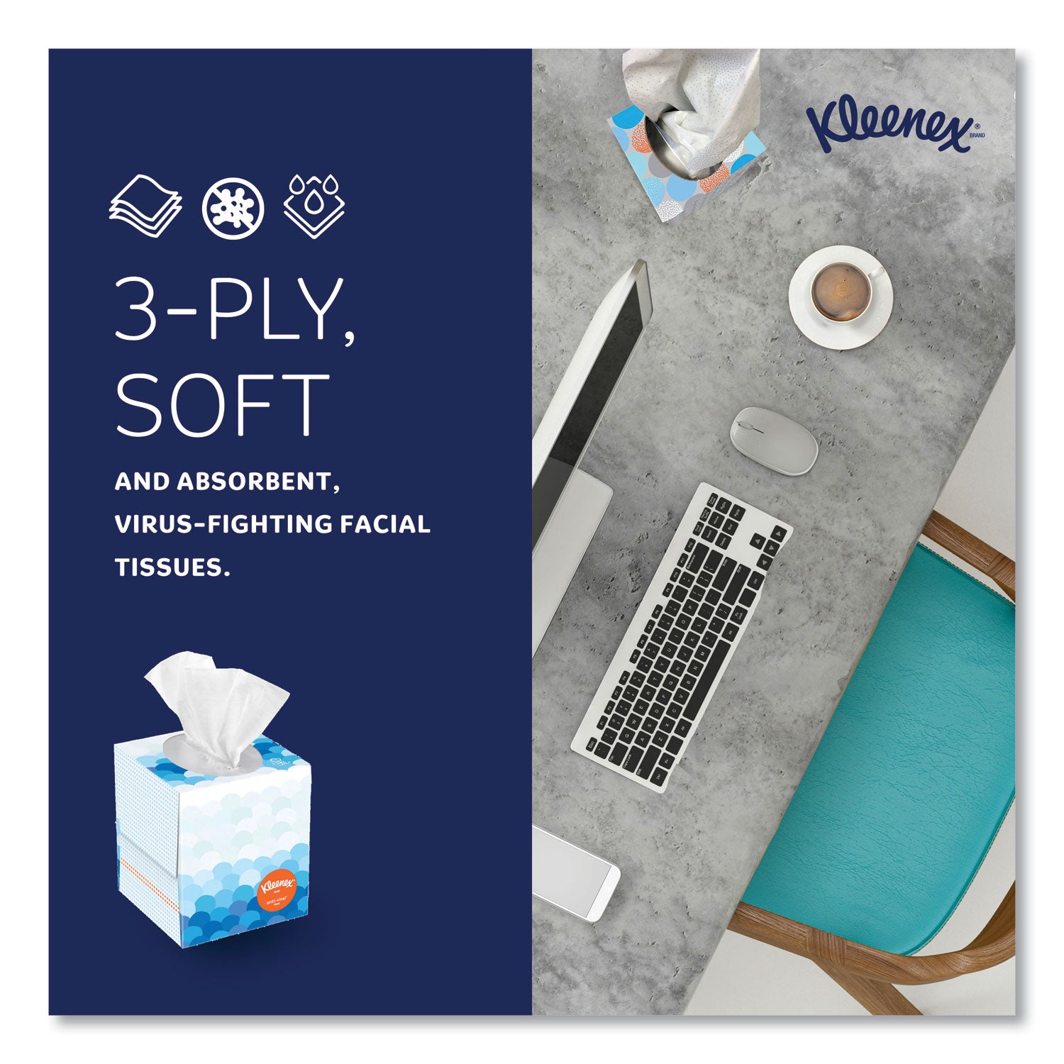 Kleenex Boutique Anti-Viral Tissue, 3-Ply, White, Pop-Up Box, 60/Box, 3 Boxes/Pack (21286)