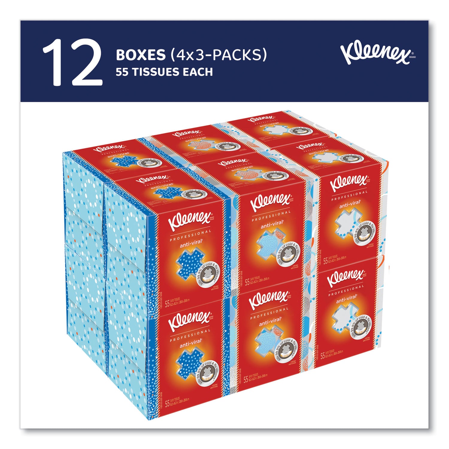 Kleenex Boutique Anti-Viral Facial Tissue, 3-Ply, White, Pop-Up Box, 60 Sheets/Box, 3 Boxes/Pack, 4 Packs/Carton (21286CT)