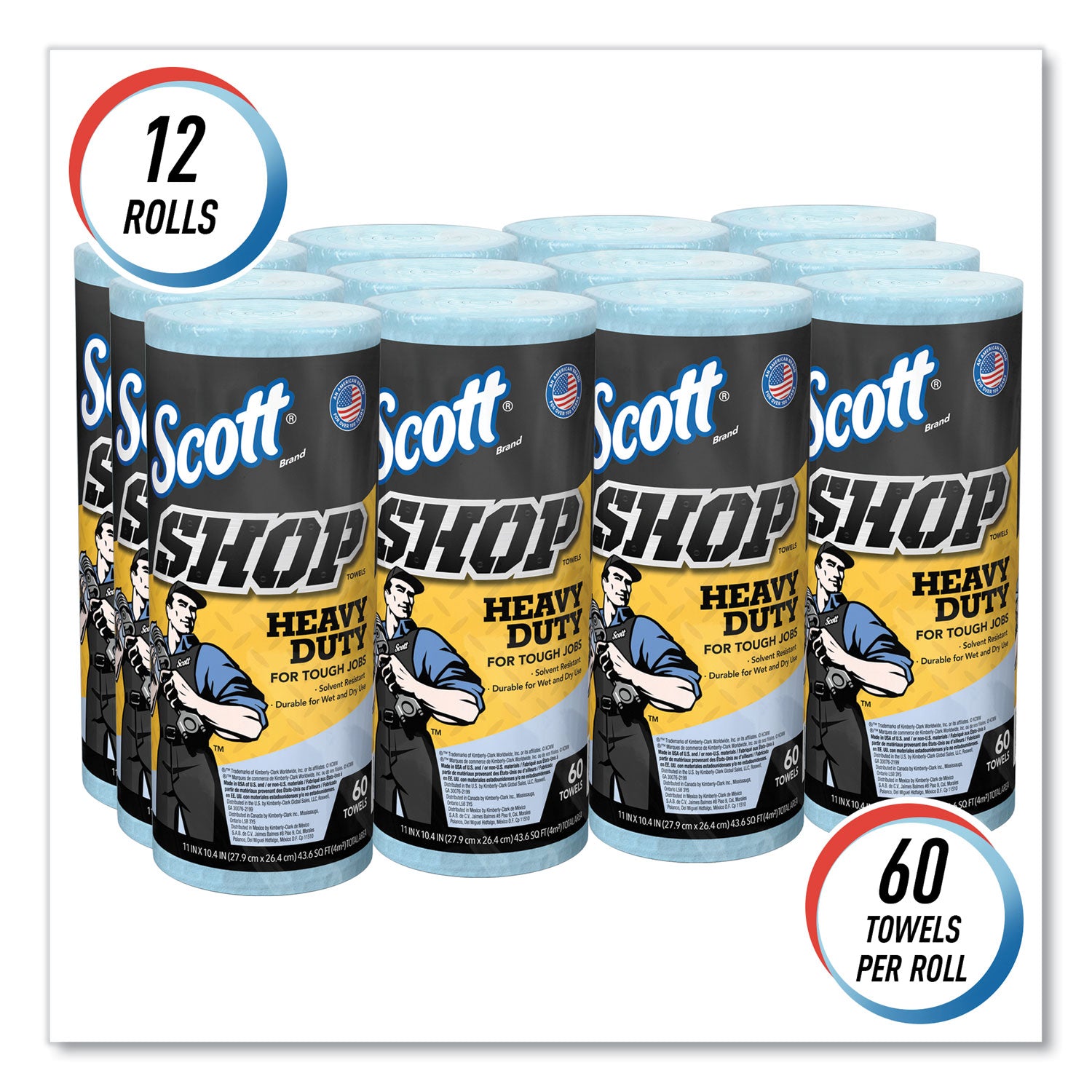 Scott Pro Shop Towels, Heavy Duty, 1-Ply, 10.4 x 11, Blue, 12 Rolls/Carton (32992)