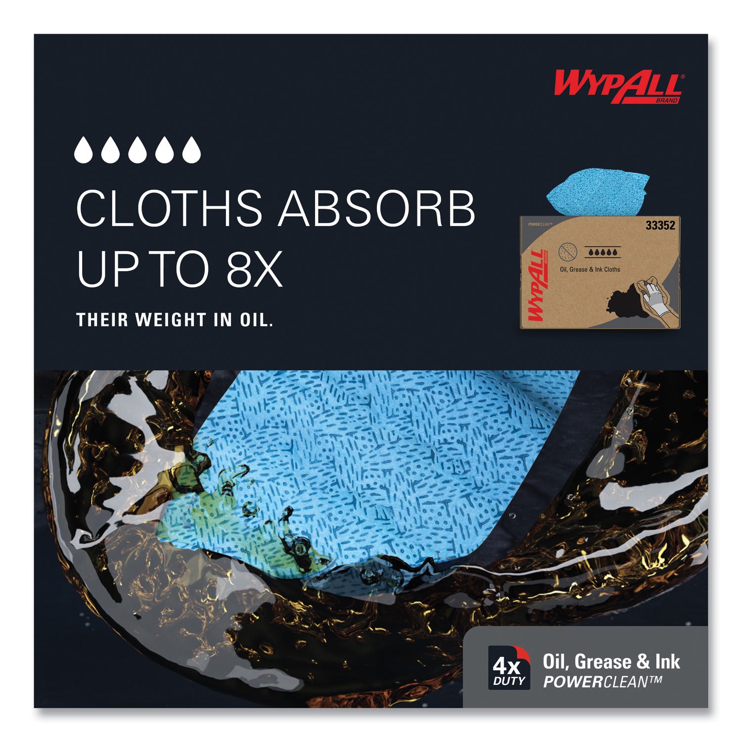 WypAll Power Clean Oil, Grease and Ink Cloths, BRAG Box, 12.1 x 16.8, Blue, 180/Box (33352)