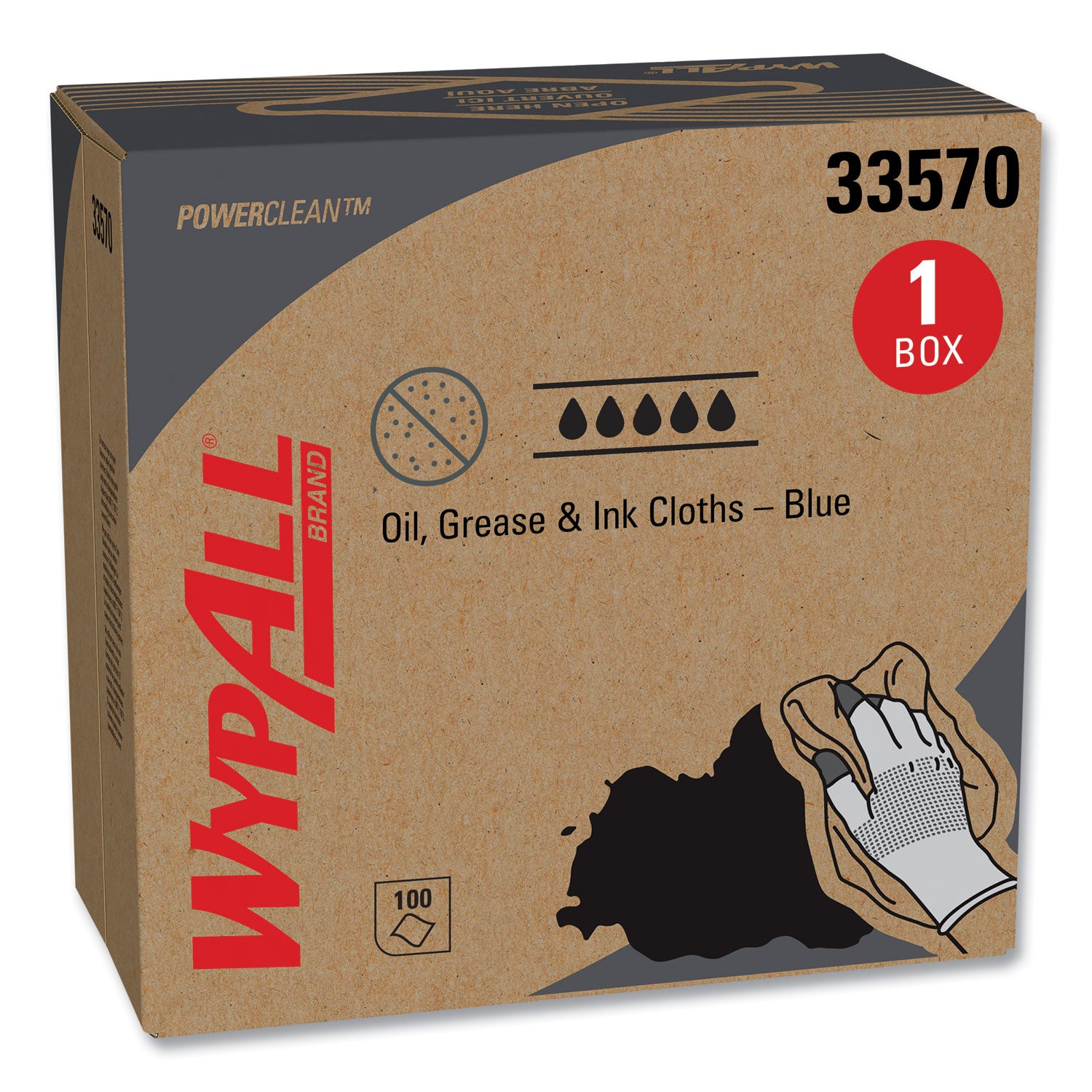 WypAll Power Clean Oil, Grease and Ink Cloths, POP-UP Box, 8.8 x 16.8, Blue, 100/Box, 5/Carton (33570)