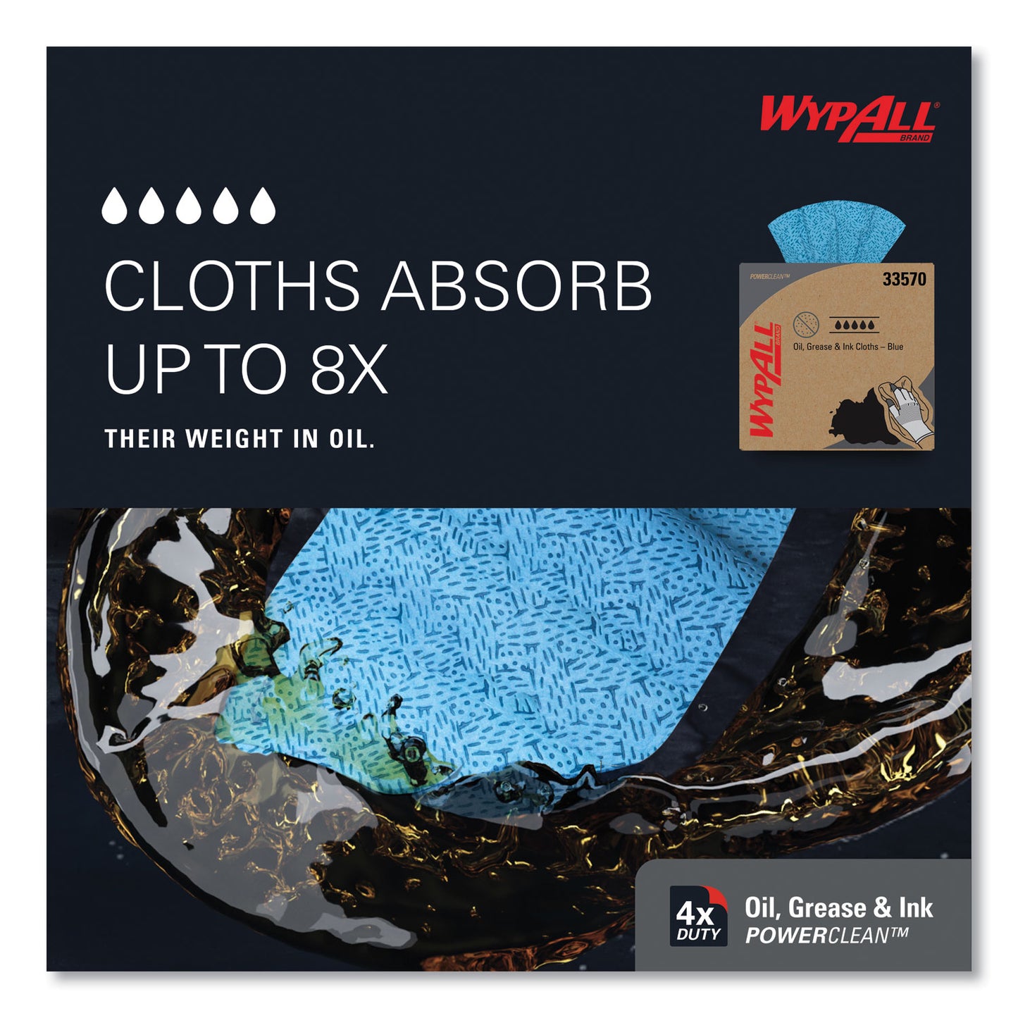 WypAll Power Clean Oil, Grease and Ink Cloths, POP-UP Box, 8.8 x 16.8, Blue, 100/Box, 5/Carton (33570)