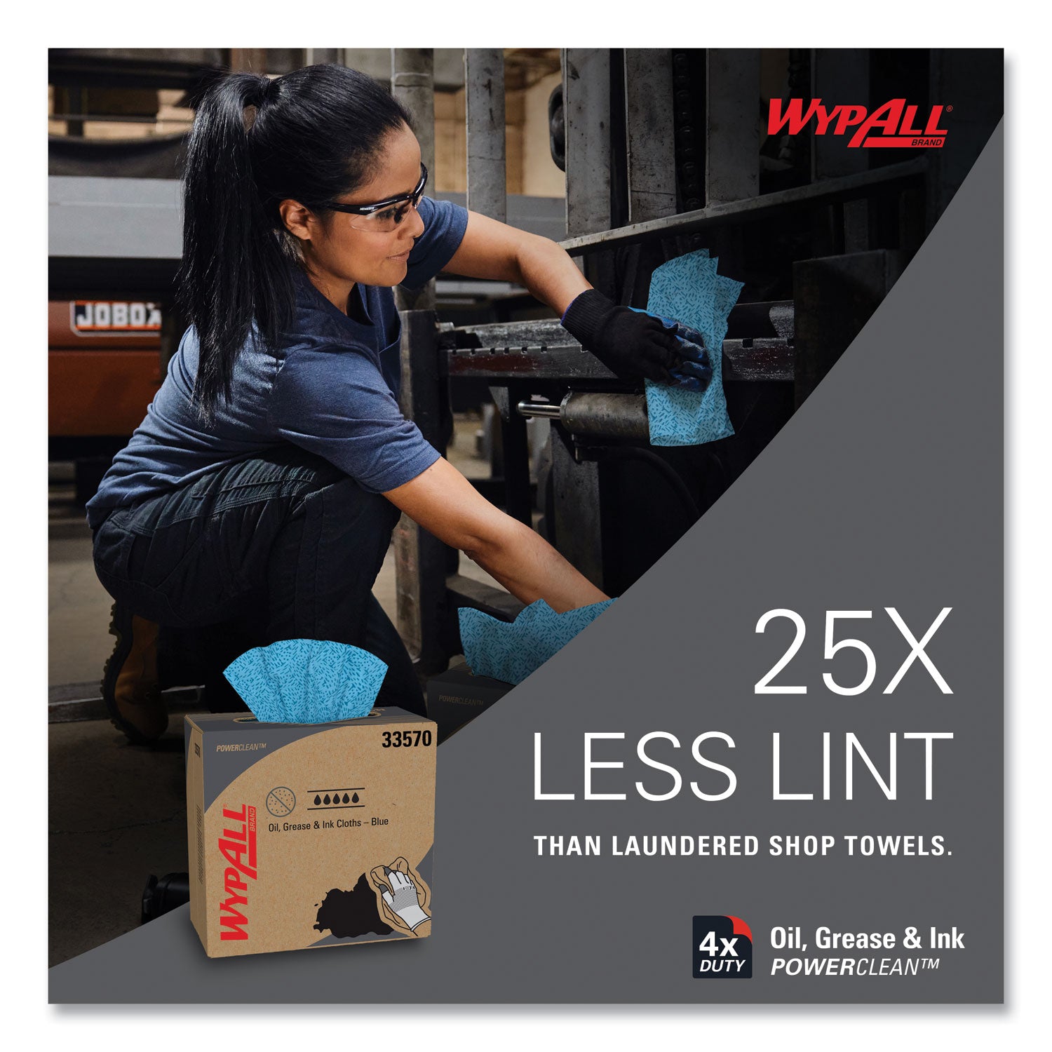 WypAll Power Clean Oil, Grease and Ink Cloths, POP-UP Box, 8.8 x 16.8, Blue, 100/Box, 5/Carton (33570)