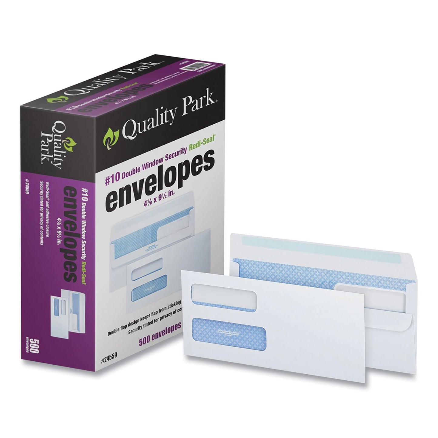 Quality Park Double Window Redi-Seal Security-Tinted Envelope, #10, Commercial Flap, Redi-Seal Adhesive Closure, 4.13 x 9.5, White, 500/BX (24559)