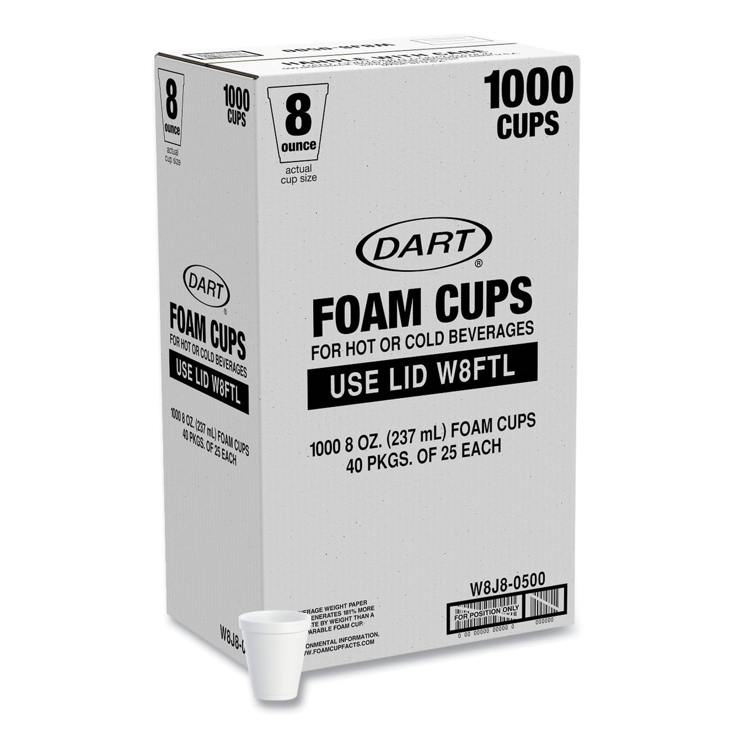 Dart Foam Drink Cups, 8 oz, White, 25/Bag, 40 Bags/Carton (W8J8S)