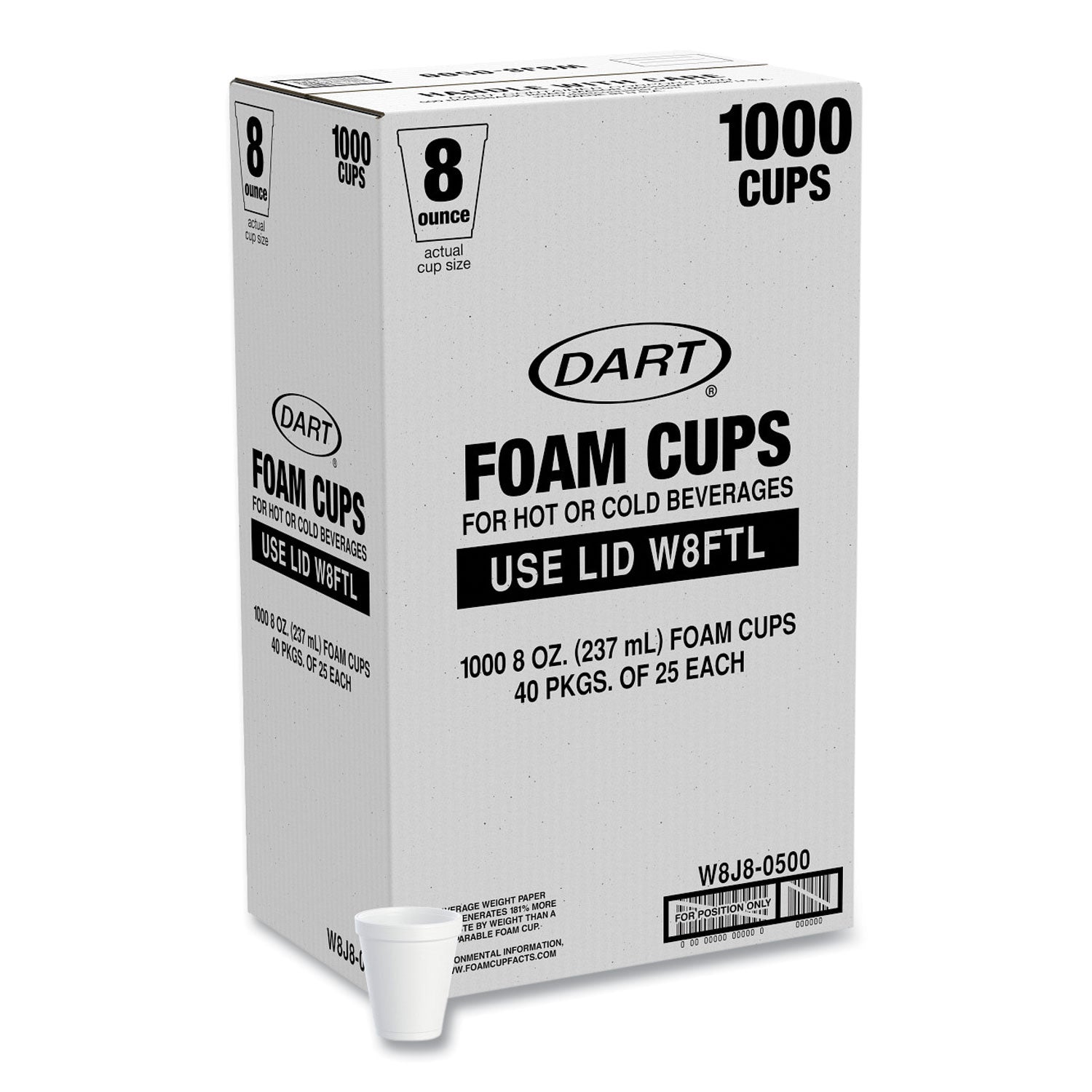 Dart Foam Drink Cups, 8 oz, White, 25/Bag, 40 Bags/Carton (W8J8S)