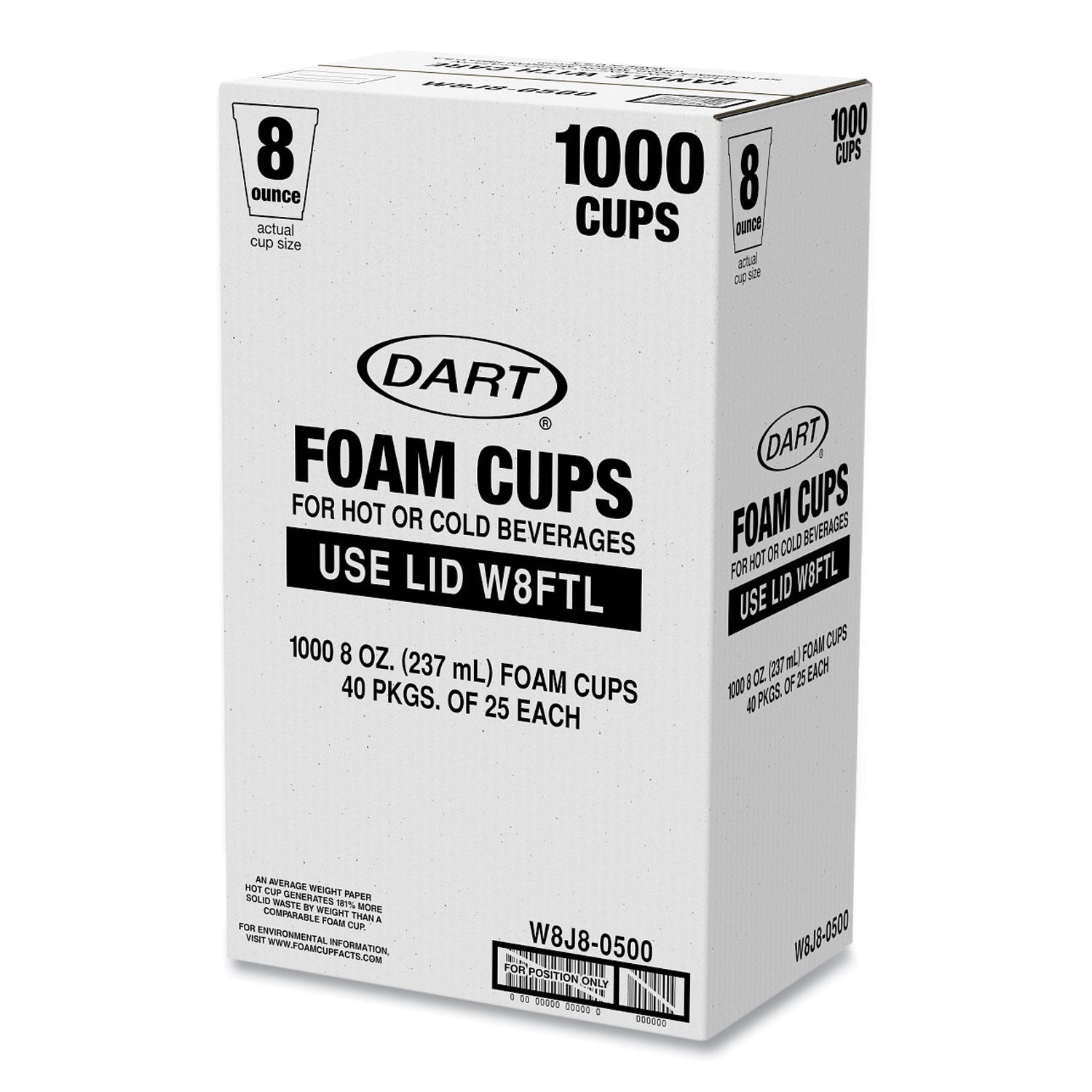 Dart Foam Drink Cups, 8 oz, White, 25/Bag, 40 Bags/Carton (W8J8S)