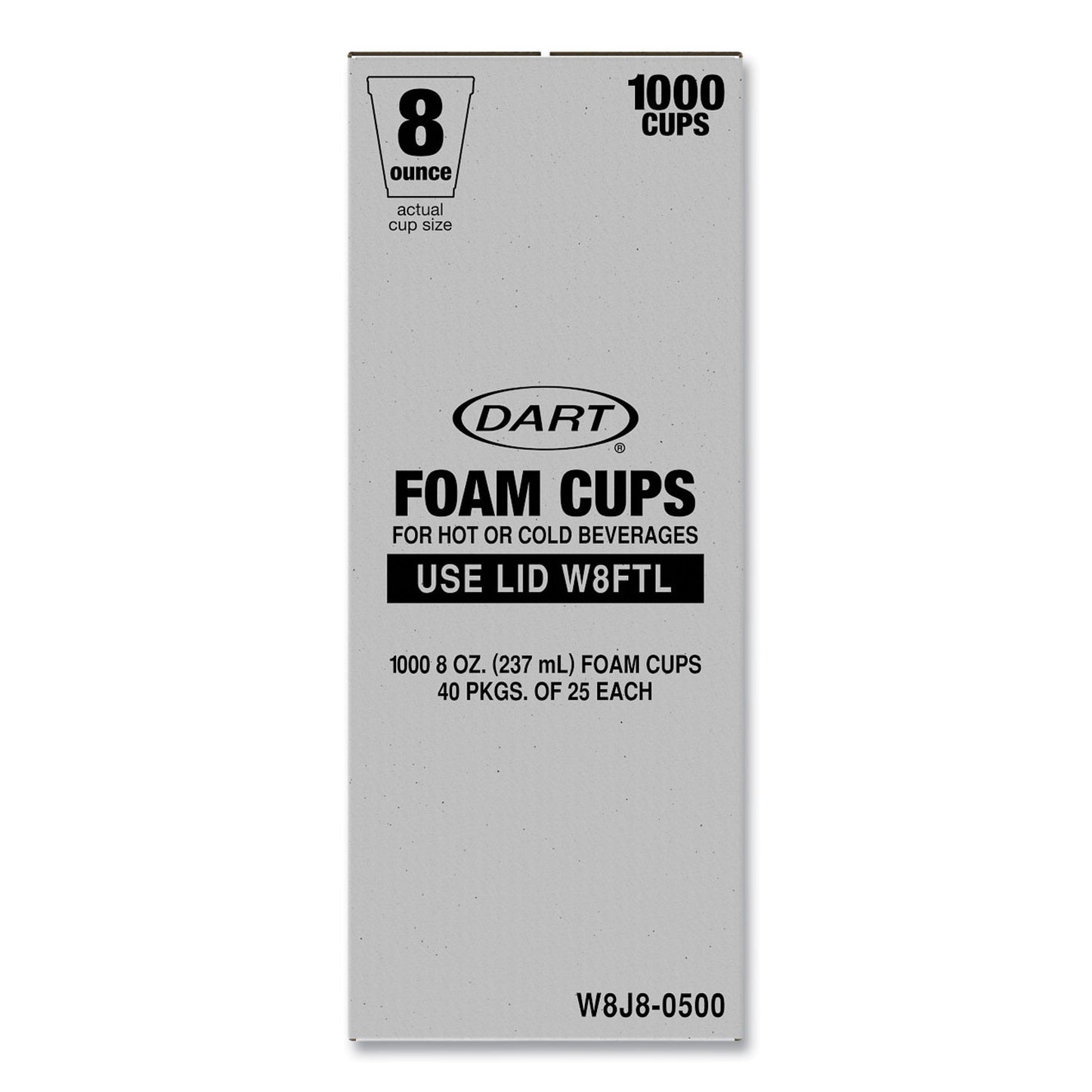 Dart Foam Drink Cups, 8 oz, White, 25/Bag, 40 Bags/Carton (W8J8S)