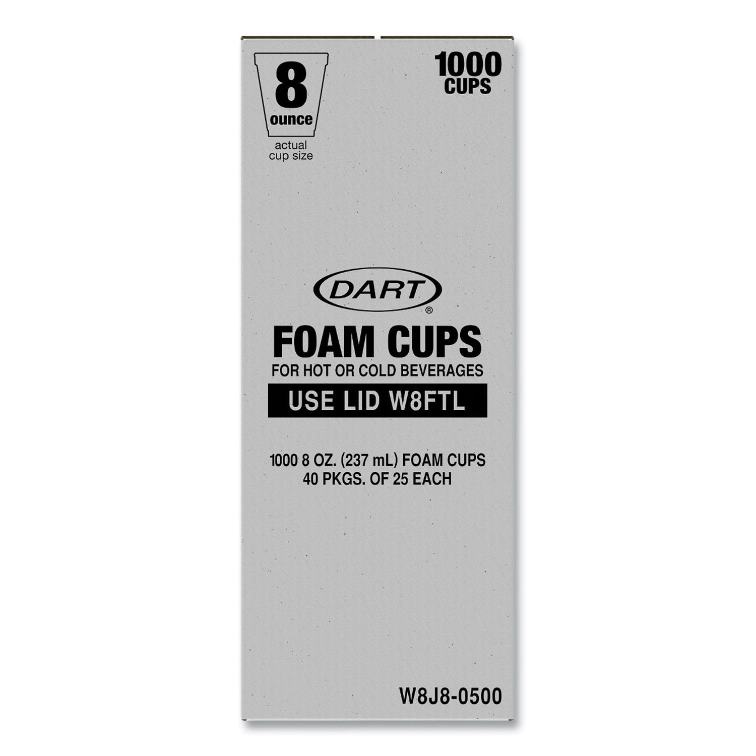Dart Foam Drink Cups, 8 oz, White, 25/Bag, 40 Bags/Carton (W8J8S)