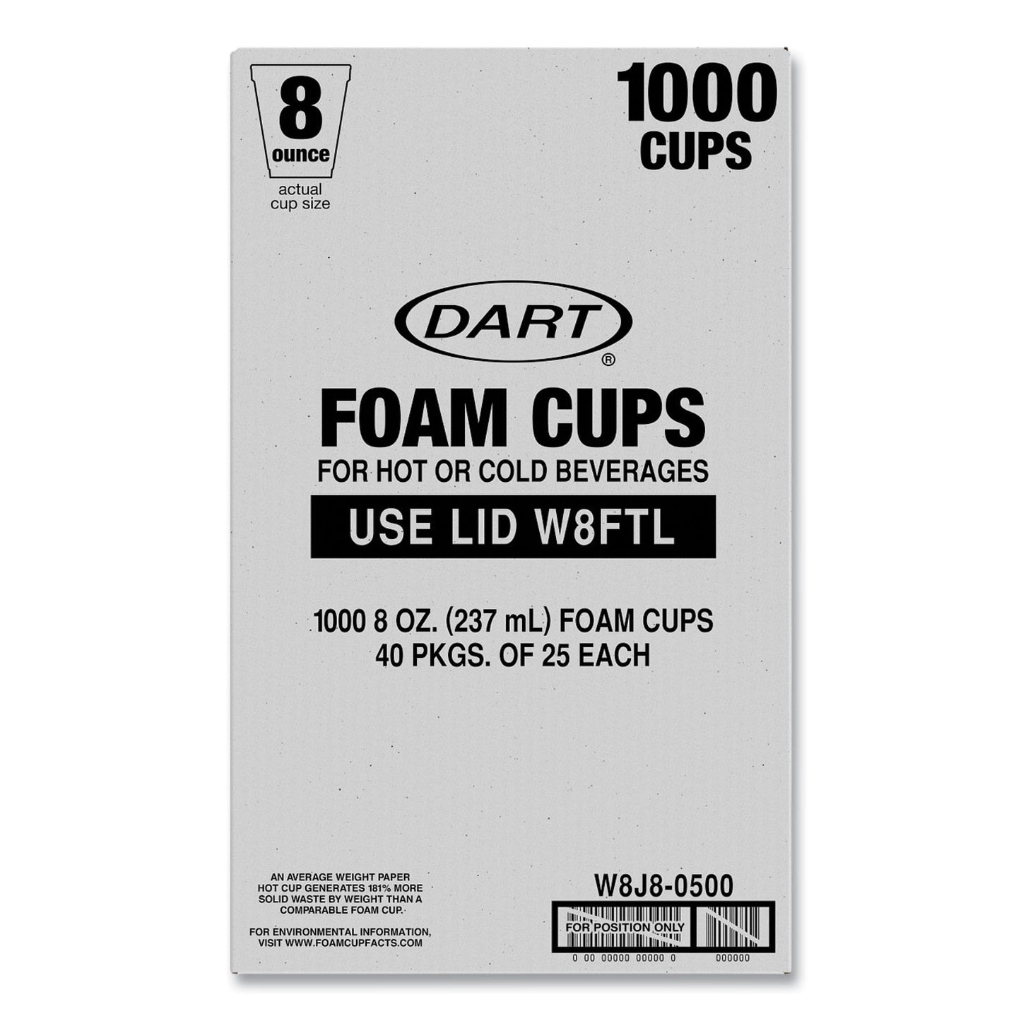 Dart Foam Drink Cups, 8 oz, White, 25/Bag, 40 Bags/Carton (W8J8S)