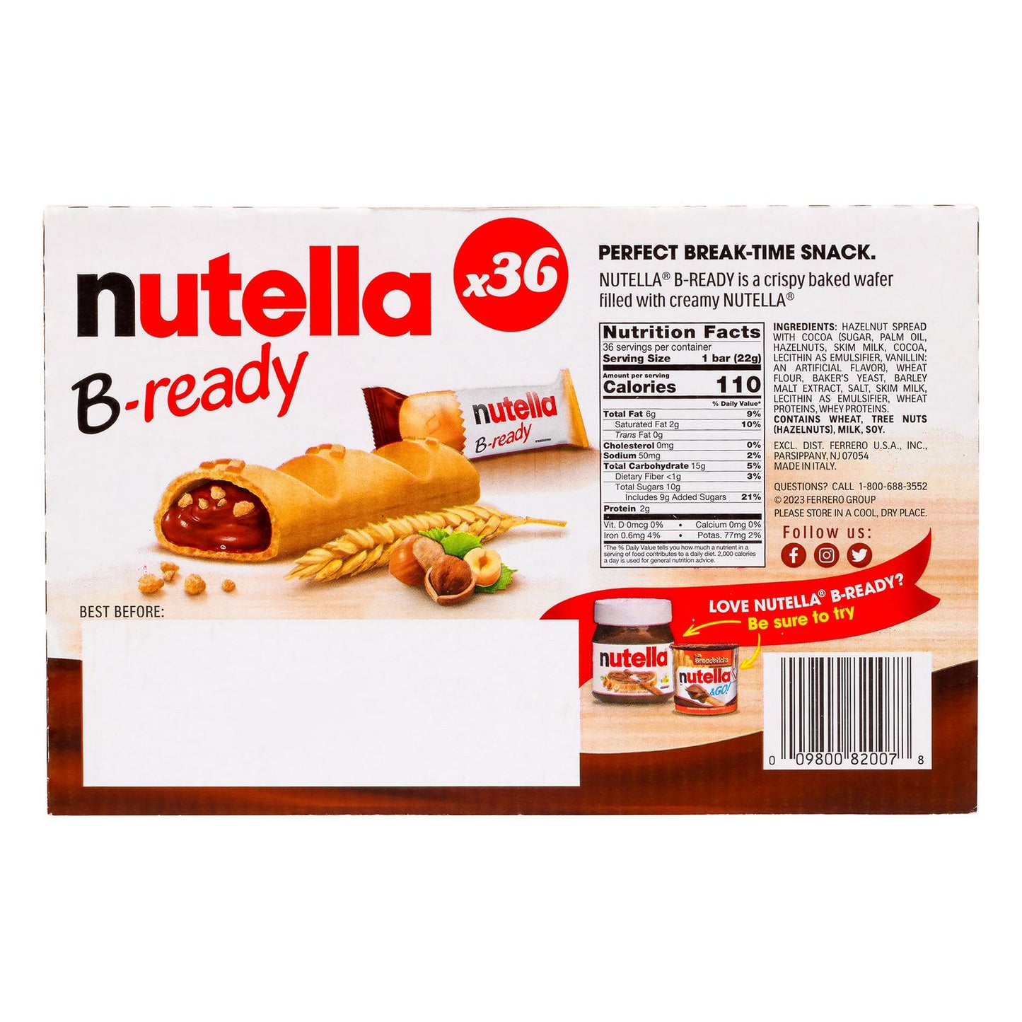 Nutella B-Ready, Hazelnut, 0.7 oz Bag, 36/Carton (22002147)