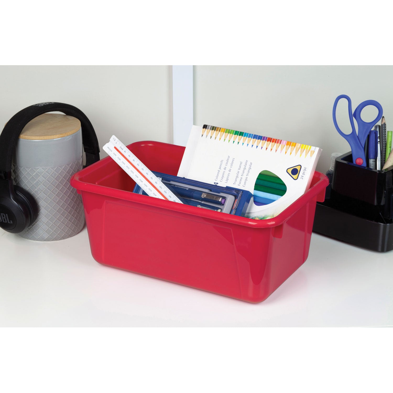 Storex Cubby Bin with Lid, 12.28 x 7.95 x 5.23, Red, 5/Pack (62407U05C)