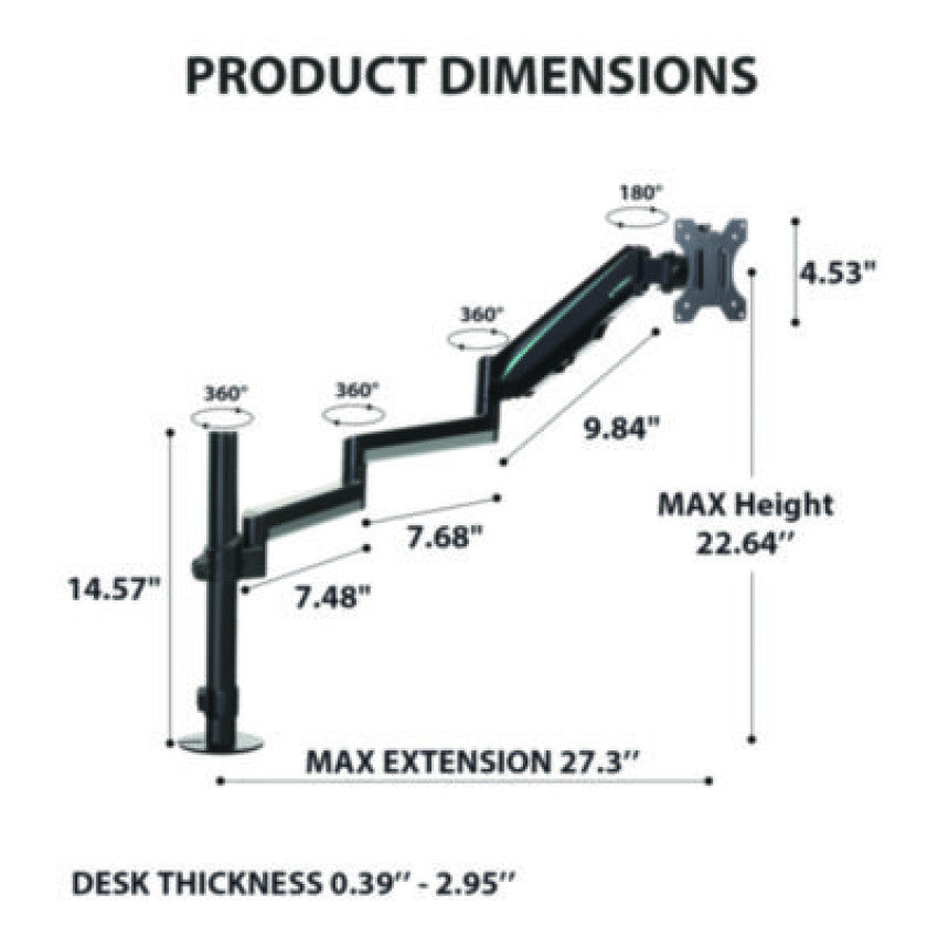 Eureka Single Monitor Arm, For 32" Monitors, 90 deg Rotation, 35 deg Tilt, 360 deg Pan, Black, Supports 17.6 lbs (MA0212P)