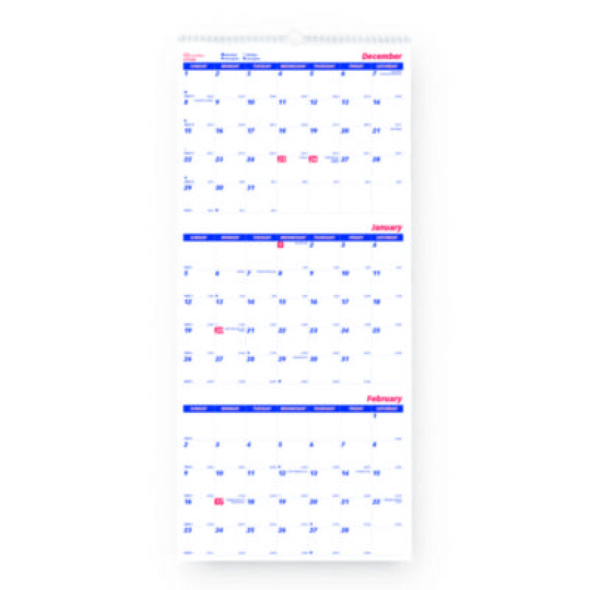 Brownline Three-Month Wall Calendar, 12.25" x 27", White/Blue Sheets, 14-Months: Dec 2024 to Jan 2026 (C171128)