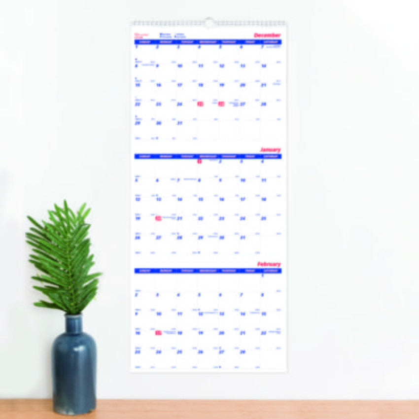 Brownline Three-Month Wall Calendar, 12.25" x 27", White/Blue Sheets, 14-Months: Dec 2024 to Jan 2026 (C171128)