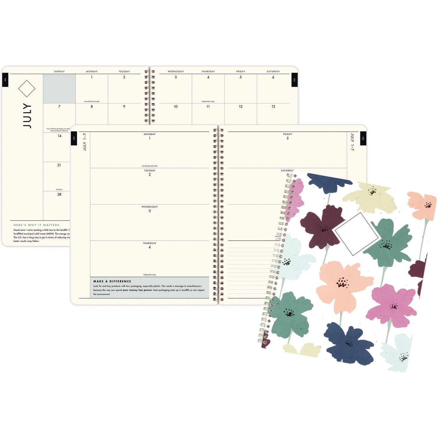 Cambridge GreenPath Academic Year Weekly/Monthly Planner, Floral Artwork, 11" x 9.38", Multicolor Cover, 12-Month: July 2024-June 2025 (GP46905A)