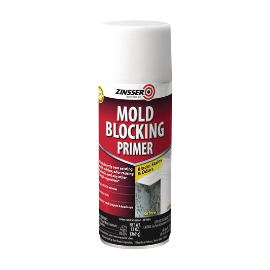 Zinsser Mold Blocking Primer Spray, Interior/Exterior, Flat White, 13 oz Aerosol Can, 6/Carton (287512)