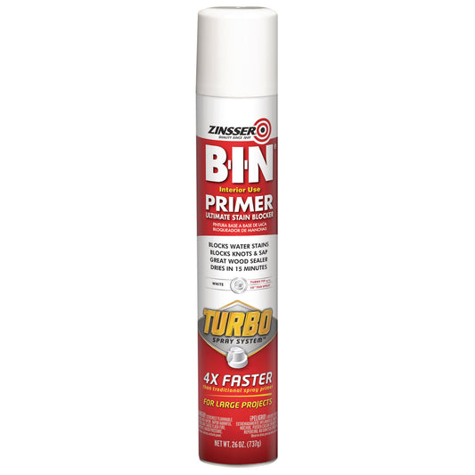 Zinsser BIN Aerosol Primer with Turbo Spray System, Interior, Flat White, 26 oz Aerosol Can, 6/Carton (356880)