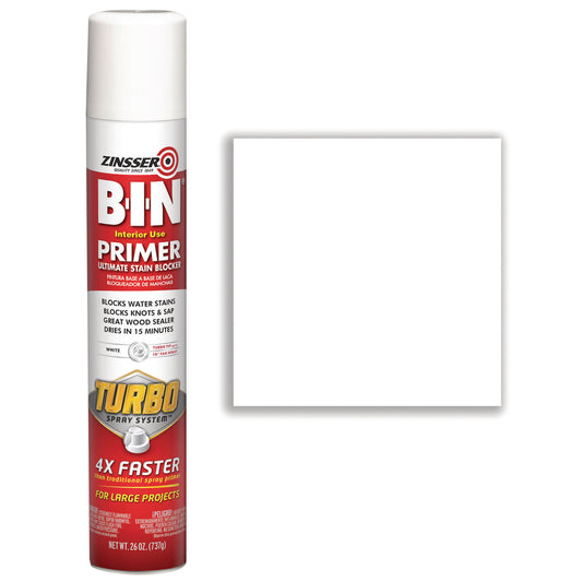 Zinsser BIN Aerosol Primer with Turbo Spray System, Interior, Flat White, 26 oz Aerosol Can, 6/Carton (356880)