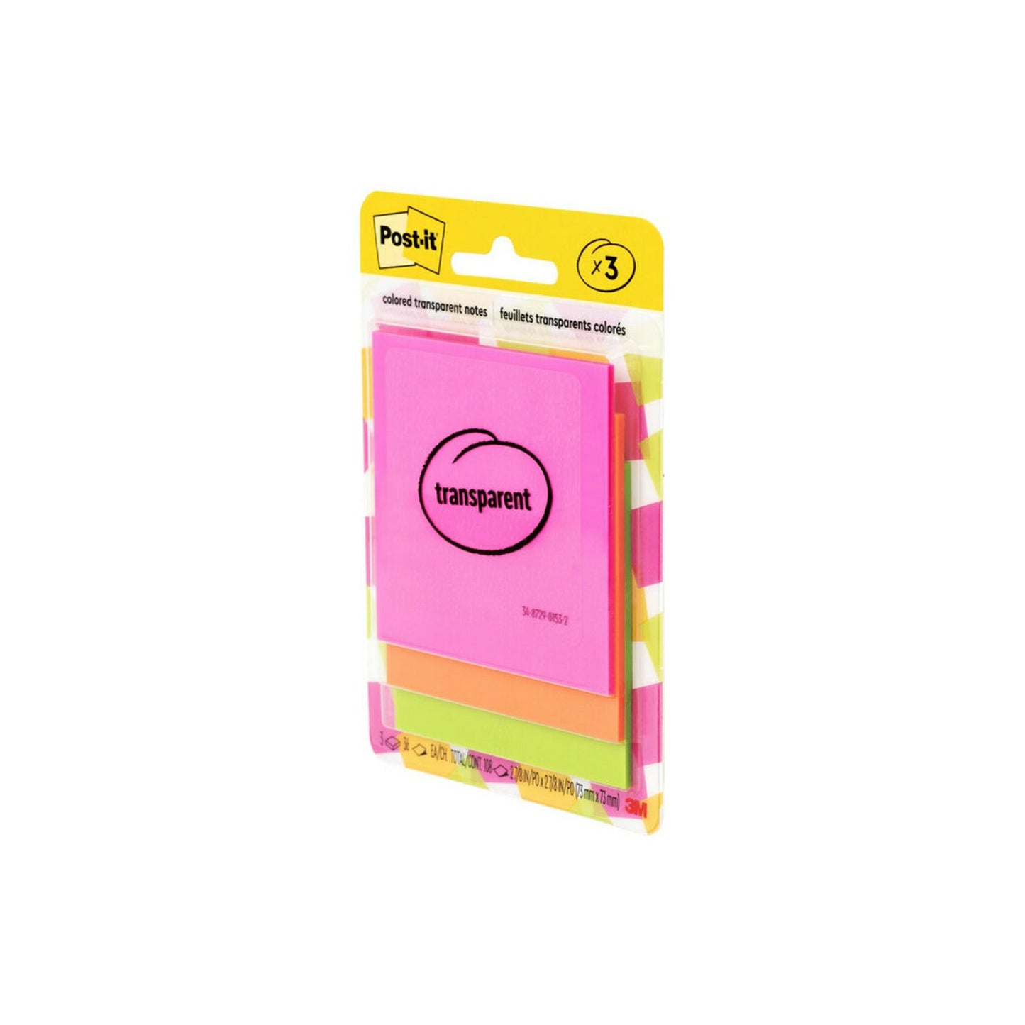 Post-it Transparent Notes, Unruled, 2.88" x 2.88", Assorted Transparent Colors, 36 Sheets/Pad, 3 Pads/Pack (6003COL)