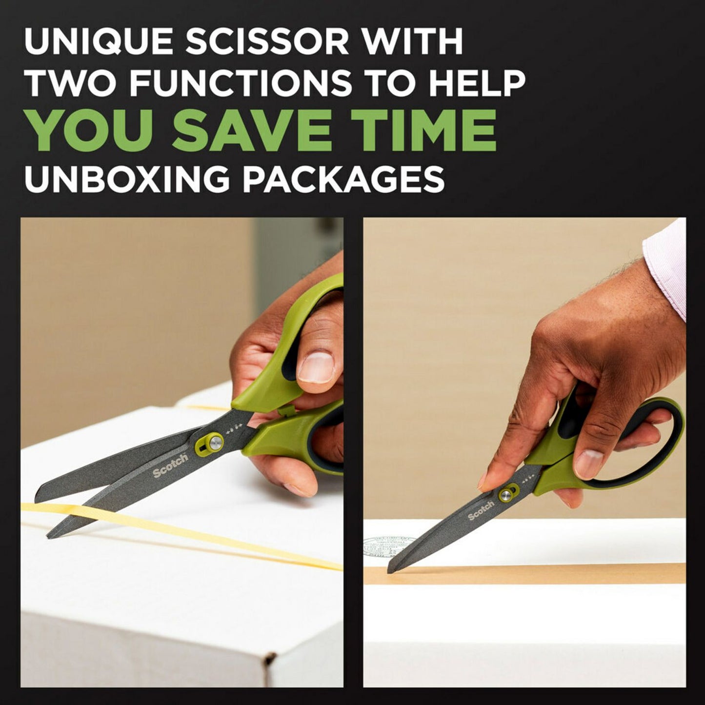 Scotch Non-Stick Unboxing Scissors, 8" Long, 2.7" Cut Length, Straight Green/Black Handle (1488NS)