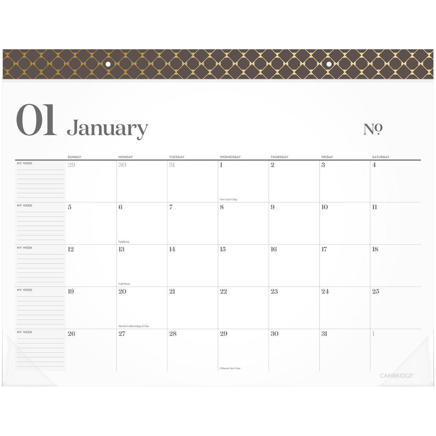 Cambridge WorkStyle Monthly Desk Pad Calendar, 21.75 x 17, White Sheets, Brown/Gold Headband, Clear Corners, 12-Month (Jan-Dec): 2025 (160670404)