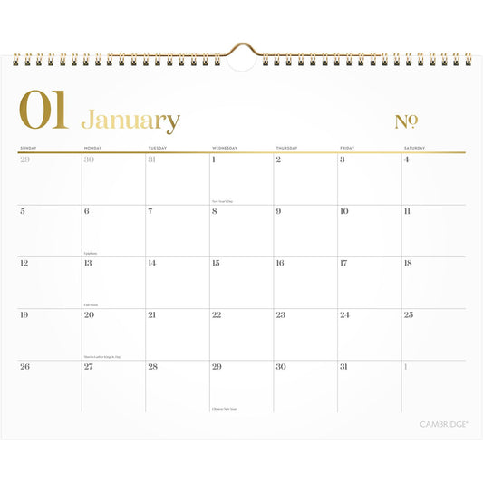 Cambridge WorkStyle Monthly Wall Calendar, 15 x 12, White/Gold Sheets, 12-Month (Jan to Dec): 2025 (1606707)