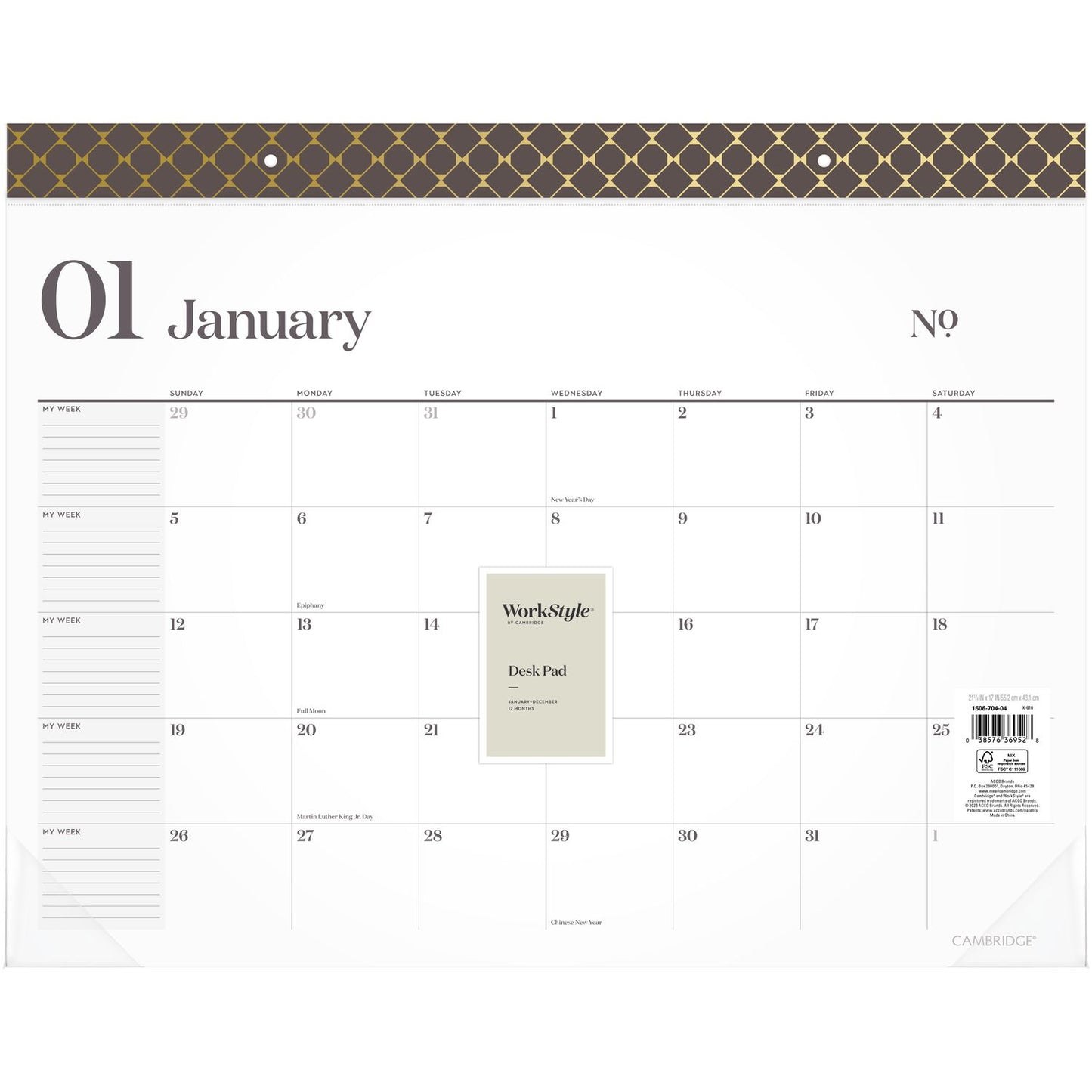 Cambridge WorkStyle Monthly Desk Pad Calendar, 21.75 x 17, White Sheets, Brown/Gold Headband, Clear Corners, 12-Month (Jan-Dec): 2025 (160670404)