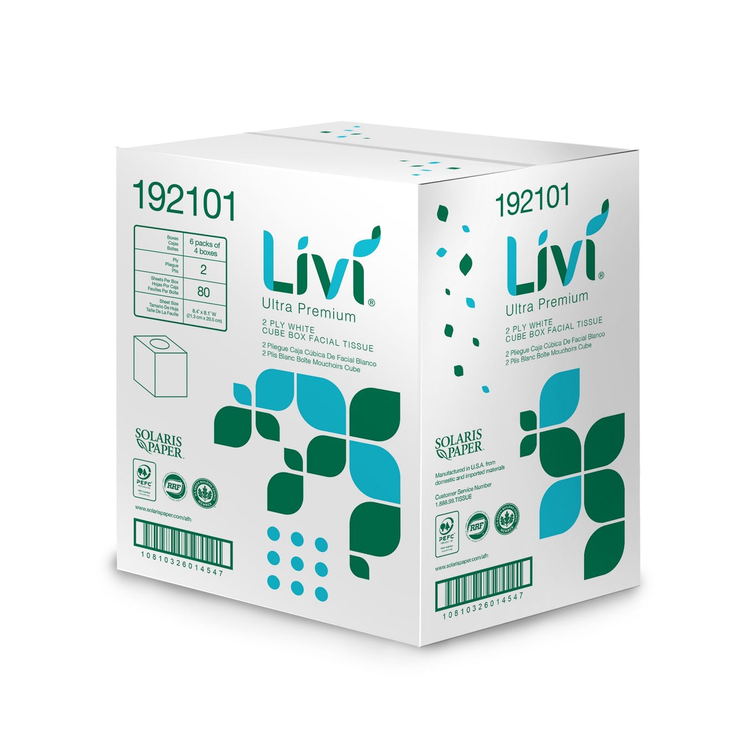 Livi Ultra Premium Facial Tissue, 2-Ply, White, Cube Box, 80 Sheets/Box, 4 Boxes/Pack, 6 Packs/Carton (192101)