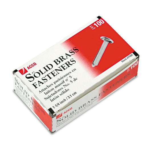 Acco #5 Brass Prong Paper Fasteners, 1.25" Capacity, Brass, 100/Box (71505)